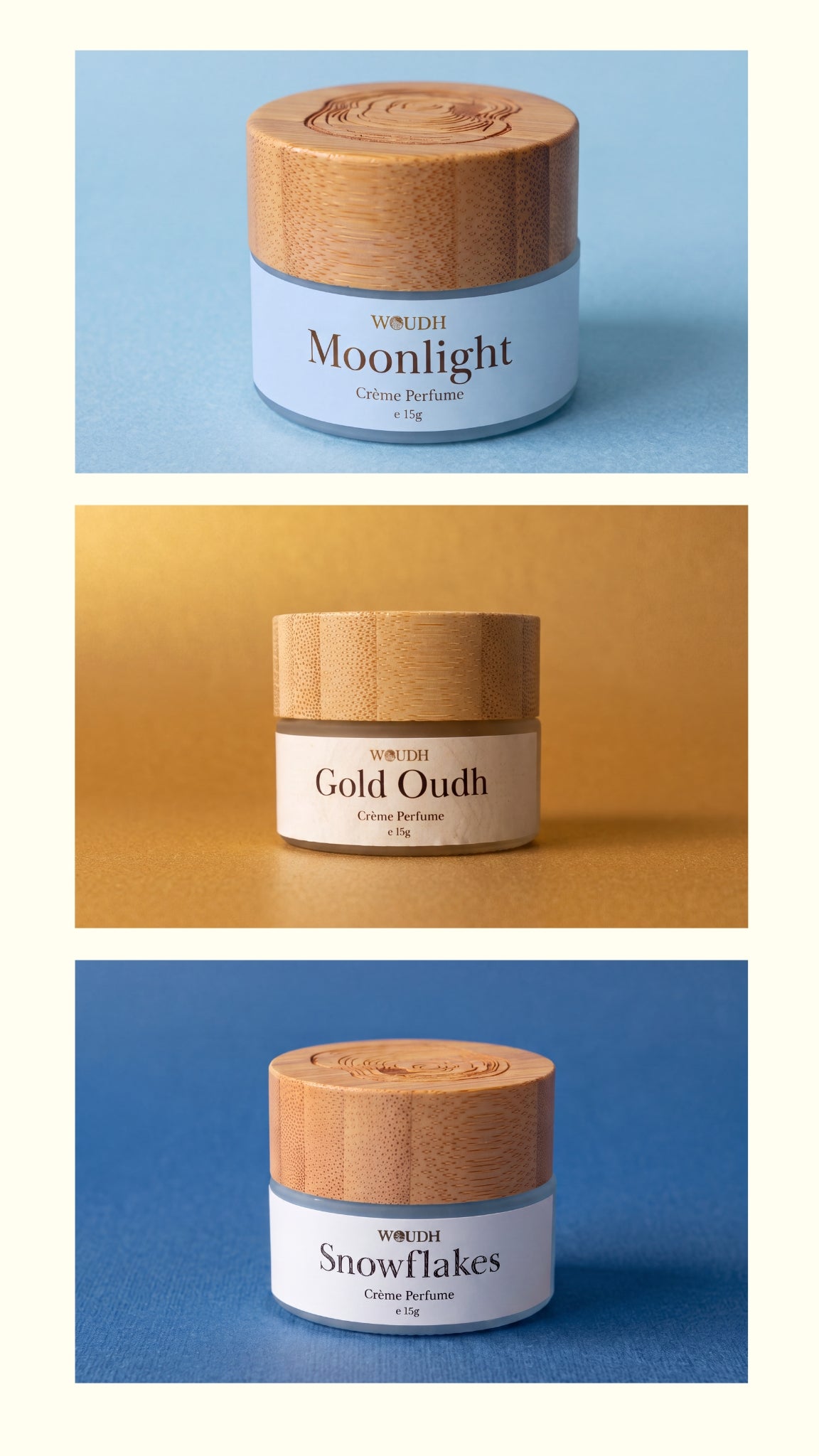 Three cosmetic jars with light wood lids and white labels are arranged vertically on blue and warm beige backgrounds. The labels read Moonlight, Gold Oudh, and SnowFlakes, with the brand WOUDH visible above each product.